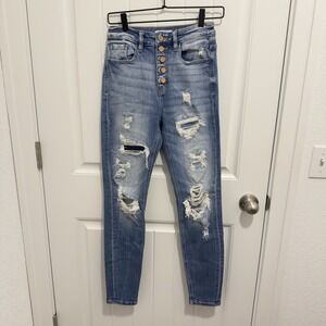 Kancan Women's Kurvy Ultra High Ankle Skinny Distressed Button Fly Denim Size 26